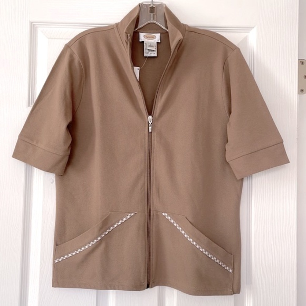 TALBOTS SHORT SLEEVE FULL ZIPPER FRONT COTTON SWEATSHIRT WITH POCKETS